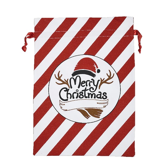 Personality Case&#x2122; 17&#x22; x 26&#x22; Red &#x26; White Stripe Cotton Merry Christmas Drawstring Bag